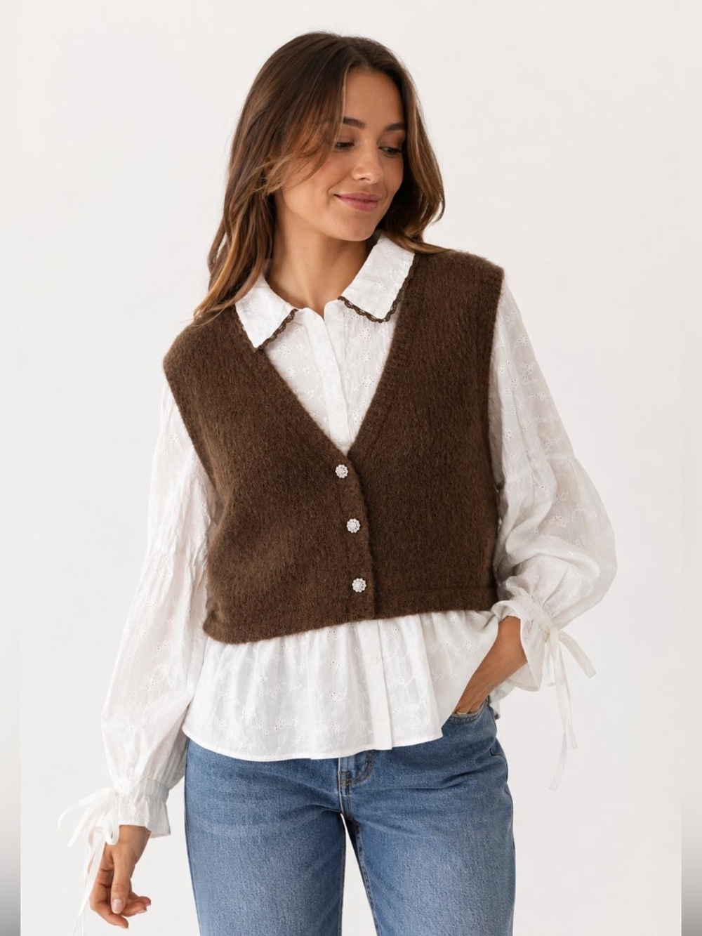Alice Blue Brown Fuzzy V-Neck Top with Sweater Vest